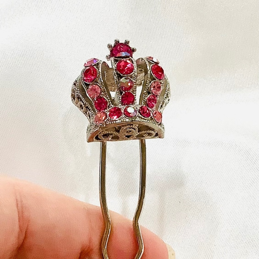 Elegant VintageHair Stick Pink Rhinestone Crystal on Princess Crown